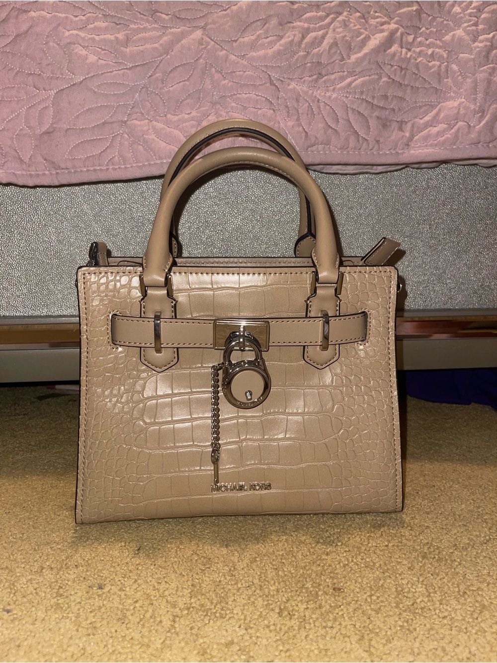 Michael Kors Taupe Croc-Embossed Satchel with Lock Charm
